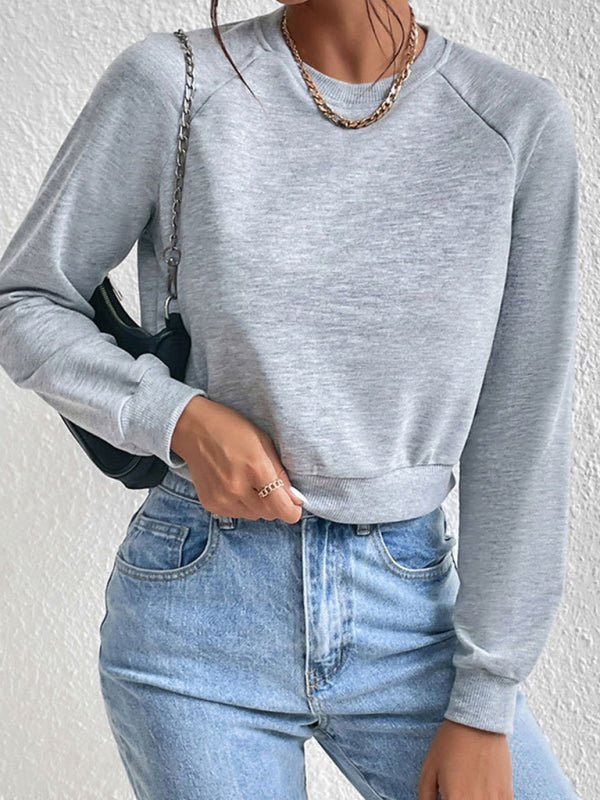 New women's long - sleeved round neck solid color sweater - Outerwear